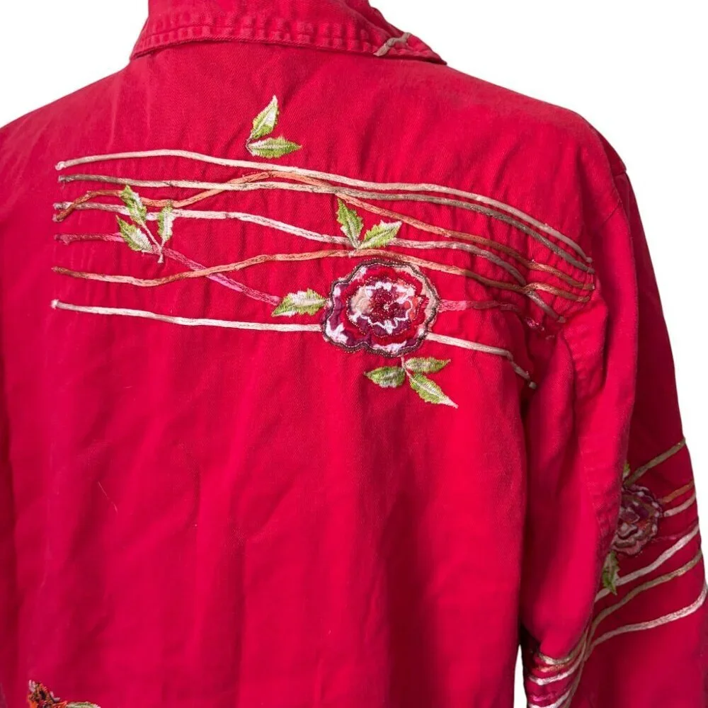 Coldwater Creek Red Floral Embellished Embroidered Denim Jacket